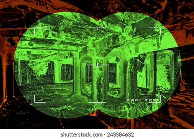 View Through The Night Vision Device In A Ruins Interior.