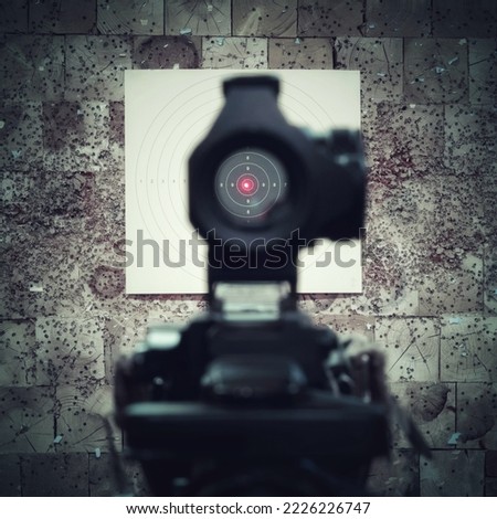 View through red dot sight on a rifle at a target for shooting in shooting range.