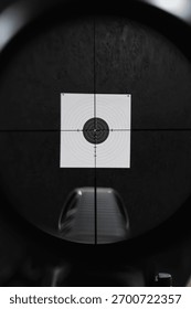 View through a rifle scope with a red dot, perfectly aiming the crosshairs at the bullseye of a paper target.