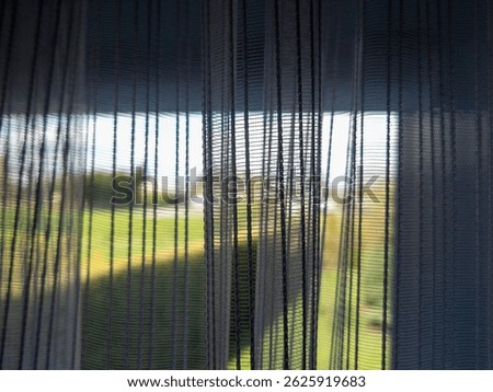 A view through sheer curtains, showcasing a vibrant green lawn and blue sky outside, creating a serene atmosphere of tranquility and natural beauty.