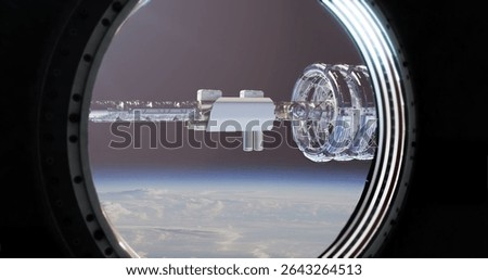 A view through a spacecraft window showcasing a high-tech space station with detailed mechanical components, floating above the Earth’s atmosphere with the planet visible below.