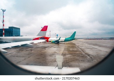 View through window of aircraft during flight, close up