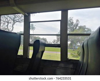 View through the windows of the bus.