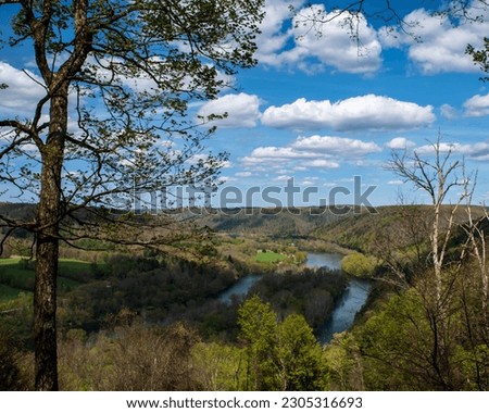The view from the Tidioute Overlook of the Allegheny River valley on a sunny spring day