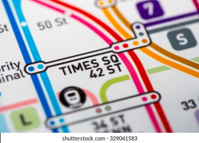 View of Times Sq station on the Seventh Avenue Line, a subway service in NYC. (custom map)