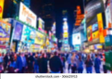 View Of Times Square At Night In New York City With Blurred Effect