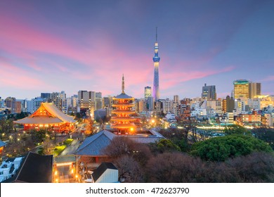 View Of Tokyo Skyline  At Sunset In Japan.
