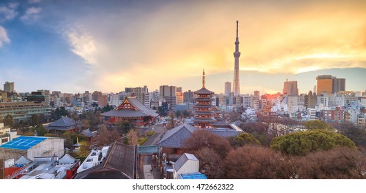 View Of Tokyo Skyline  At Sunset In Japan.
