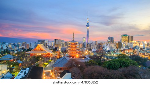 View Of Tokyo Skyline At Sunset In Japan.
