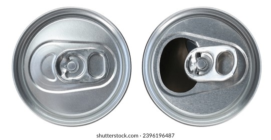 View from top aluminum soda beverage drinks canned container closed and open isolated on white background.  - Powered by Shutterstock