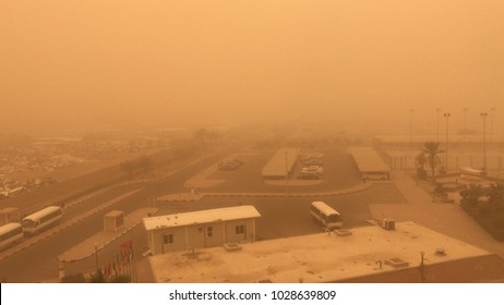 View From Top. Botton View Of Parking Lots Are Fully Covered With Dust Storm In Kuwait City. Beauty Of Natures.