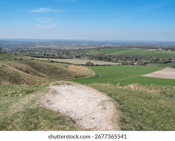 View from the top of Cherwill Down over the village of Cherwill and the Wiltshire plain, UK