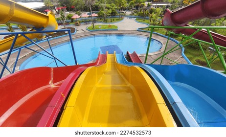 The view from the top of the colorful water slide