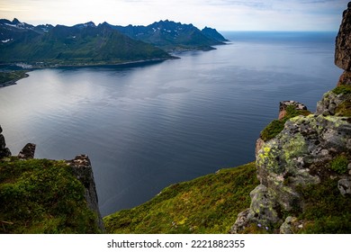 view from the top of hesten mountain on the senja island panorama, norway