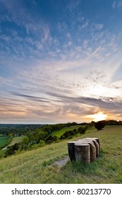 A view from the top of the North Downs hills in Surrey, England at Sunset.