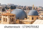 View from top on two domes and belfry of the Church of the Holy Sepulchre and Omar