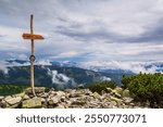 View from top of the peak of Prasiva, 1652 m, Low Tatras Mountains, Slovakia with clouds.