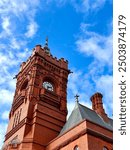 View of the top of Pierhead Building in Cardiff, Wales