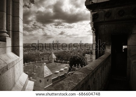 Similar – On the left, part of Gaeta Cathedral (Italy) On the right, an old building and the silhouette of an umbrella line. In between the view of the old town and the port of Gaeta.