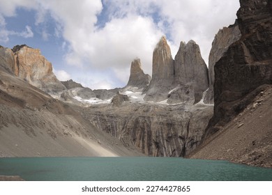 A view of Torres del Paine. After a trekking of 11km upping. Torres del Paines national park at the summer 2023, in Chile. View from the lake in his base.