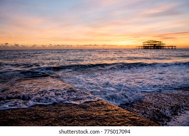 A view toward the West Pier during the sunset in Brighton