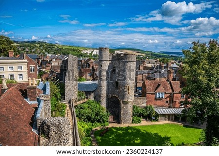 A view towards the barbican and town from the upper levels of the castle keep in Lewes, Sussex, UK in summertime