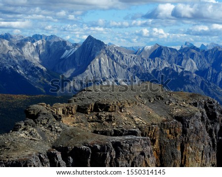 View towards Eisenhower Tower with Mount Ishbel in the back ground at the summit of Castle Mountain at Banff National Park Canada