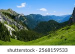 View towards Grosse Klammspitze and the valley of river Ammer. Nature Park Ammergau Alps (Ammergau Alpen) in the Northern Limestone Alps of Upper Bavaria, Germany.