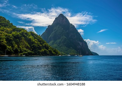 A view towards Petit Piton from Soufriere Bay in St Lucia 