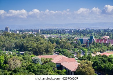 View towards Stanford campus, Palo Alto and Menlo Park, Dumbarton bridge and San Francisco bay