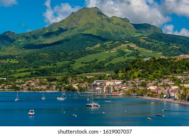 A view towards the town of Saint Pierre and the volcano, Mount Pelee in Martinique