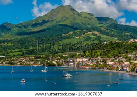 A view towards the town of Saint Pierre and the volcano, Mount Pelee in Martinique