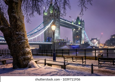 View To The Tower Bridge Of London On A Cold Winter Evening With Snow