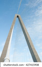 View of tower and cables of Arthur Ravenel Bridge in Charelston, South Carolina. Spans Cooper River, impressive example of highway engineering.