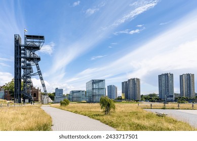 View of tower shaft Warszawa II and Silesian museum, Katowice, Poland