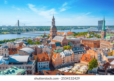 View from tower of St. Peters Church on Riga Cathedral and roofs of old houses in old city of Riga, Latvia.