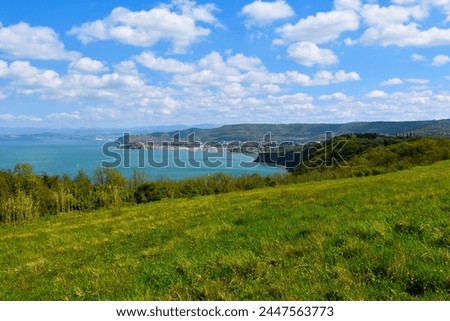 View of the town of Izola from Strunjan nature reserve at the coast of the Adriatic sea in Littoral, Slovenia