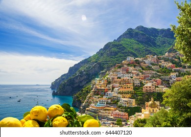 View Of The Town Of Positano With Lemons, Amalfi Coast, Italy