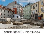 View of traditional colored tenements houses on the Old Town of Lublin city during sunny spring day.