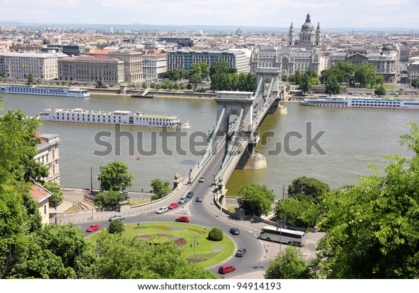 view of traffic circle and chain bridge in\
Budapest, Hungary
