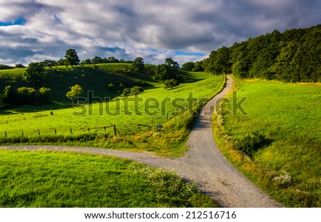 View of trail and fields from the Blue Ridge Parkway at Moses H. Cone Memorial Park, North Carolina.