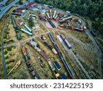 The view of train cars from a drone. Prince George, Canada.