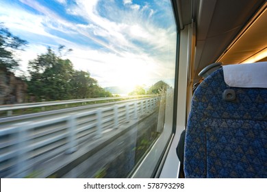 The View From The Train Window Overlooking The Sunset.
