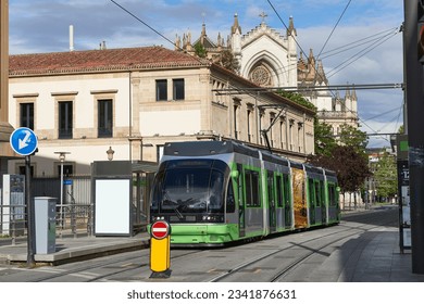 View of the tramcar in the General Álava street, Vitoria, Gasteiz, Álava, Basque Country, Euskadi, Euskal Herria, Spain.
