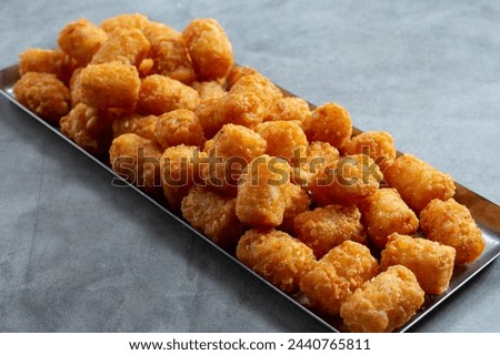 A view of a tray full of deep fried tater tots.