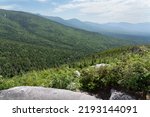 View from the trial leading up to Mount Jefferson shows the mountains in the valley surrounding the White Mountains in New Hampshire. 