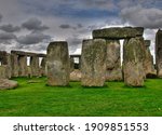 View To A Trilithon At The North East Corner Of The Prehistoric Stone Circle Stonehenge England On An Overcast Summer Day