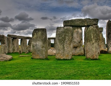 View To A Trilithon At The North East Corner Of The Prehistoric Stone Circle Stonehenge England On An Overcast Summer Day