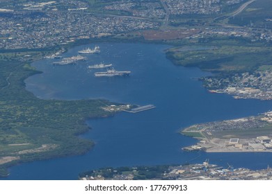 View Of A Tropical Bay With Navy War Ships From Above