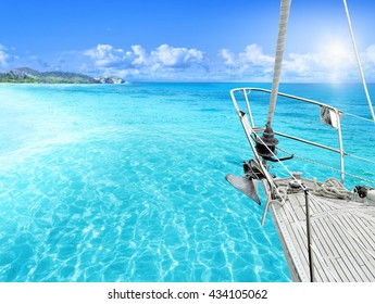 View of tropical beach from yacht.